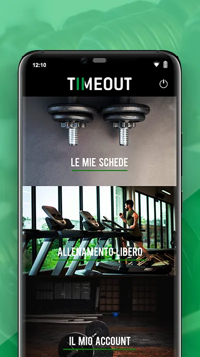 Timeout Palestra – Home dell'app Timeout con schede, allenamento libero e account