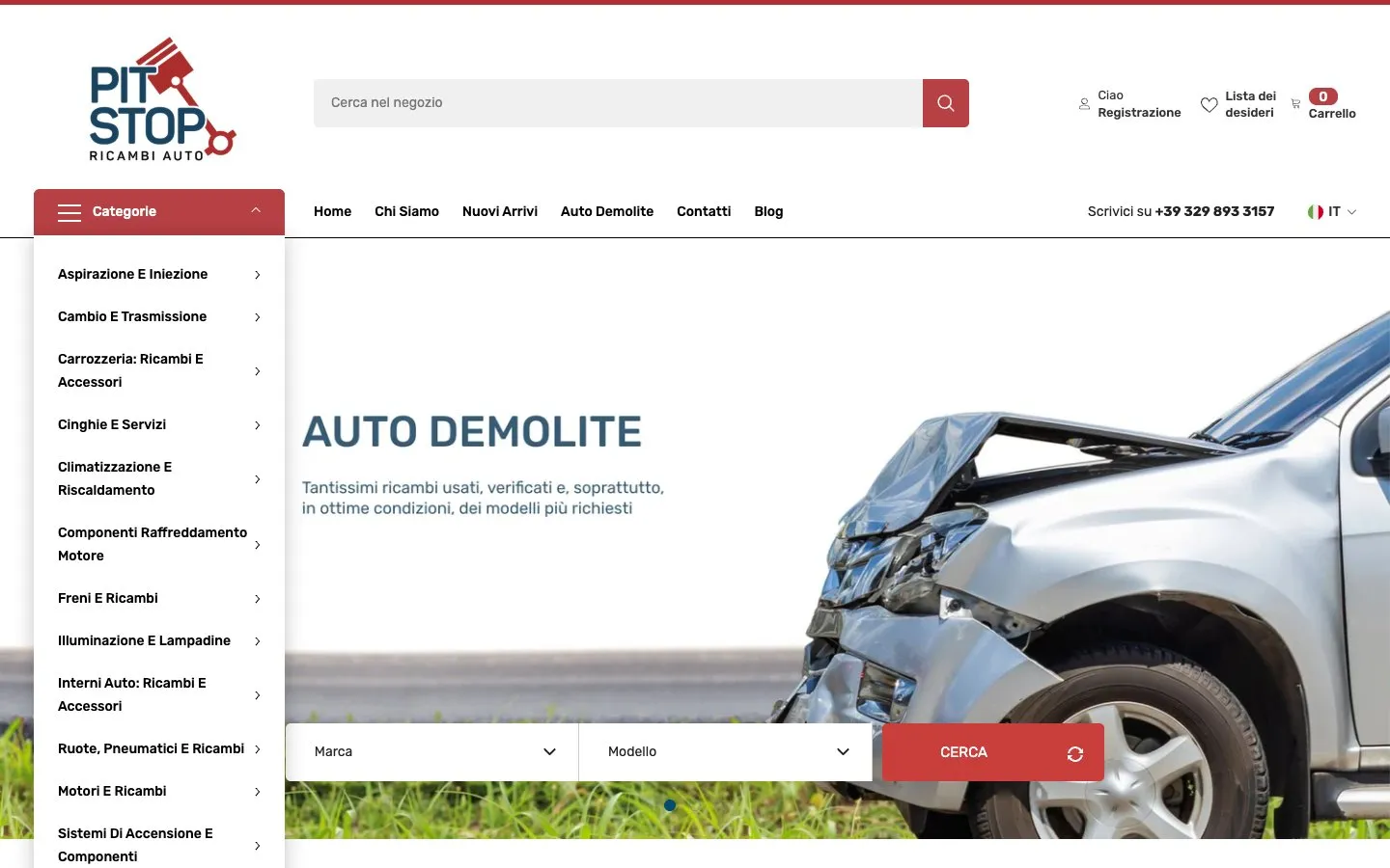 Pit Stop Ricambi Auto – Home page del sito, con la ricerca per marca e modello