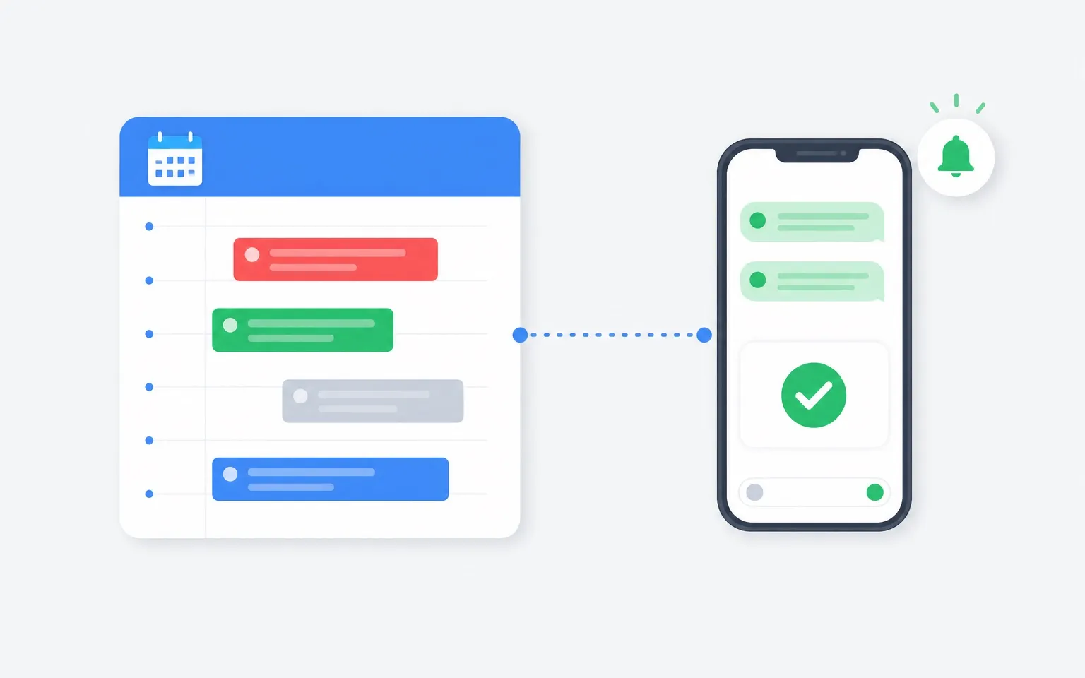 Google Calendar → WhatsApp – Illustrazione: gli appuntamenti del calendario diventano promemoria e conferme in chat