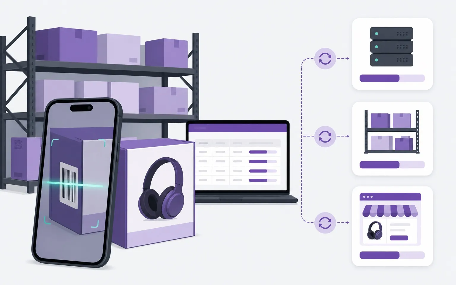 Inventario Gica Elettronica – Illustrazione: lo smartphone legge il codice a barre tra gli scaffali e allinea le giacenze di gestionale, magazzino e negozio online