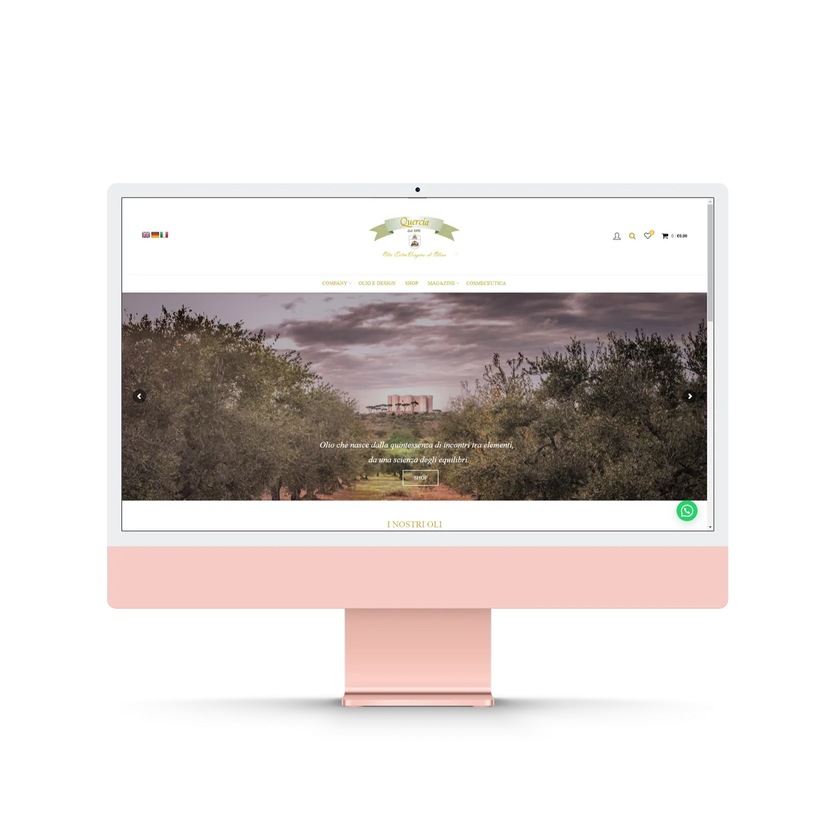 Home page del sito Olio Quercia, con gli uliveti e Castel del Monte sullo sfondo