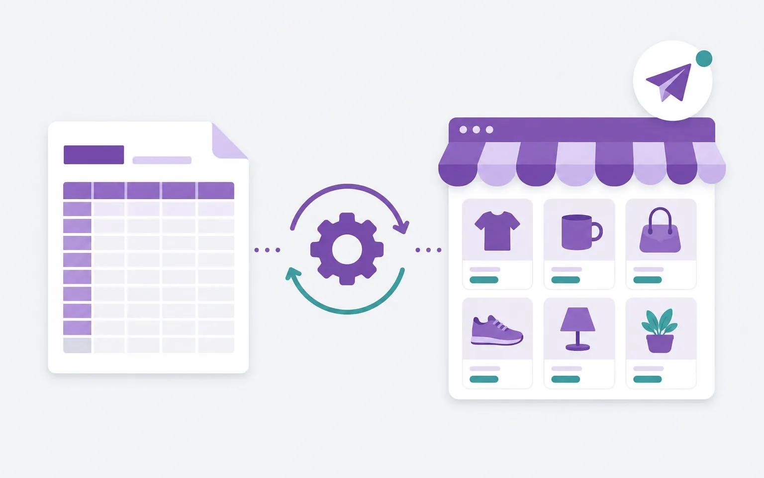 Connettore CRM → WooCommerce – Illustrazione: un foglio di calcolo sincronizzato con il catalogo di un negozio online